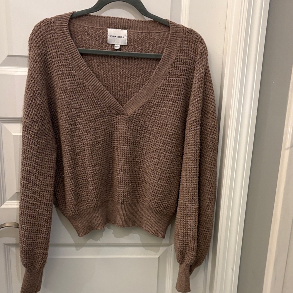 Pink Rose Brown V-Neck Sweater
